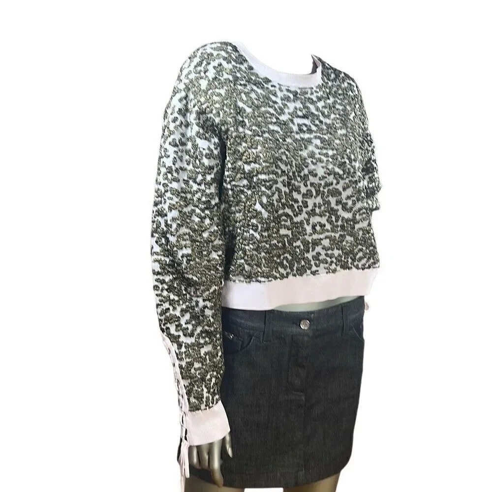 Jonathan Simkhai Animal Print Jacquard Cropped Sweater Lace L NWT